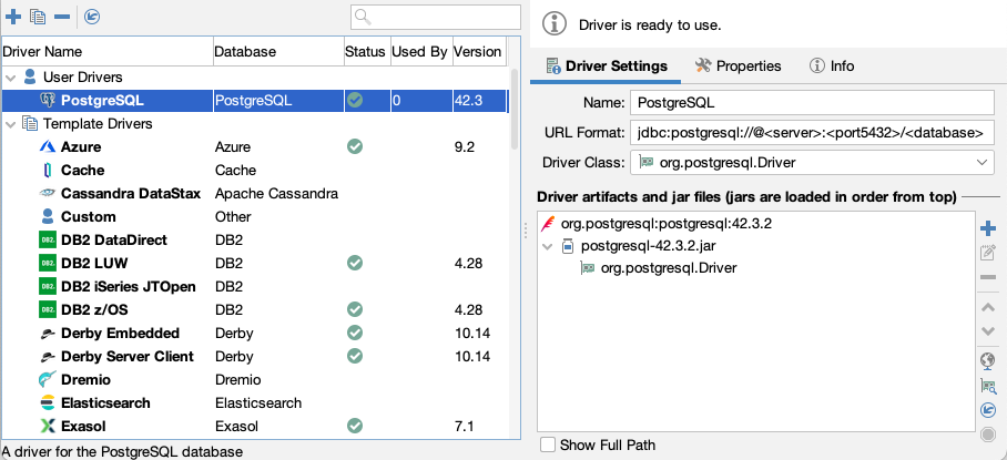 A screenshot of JDBC Driver Settings