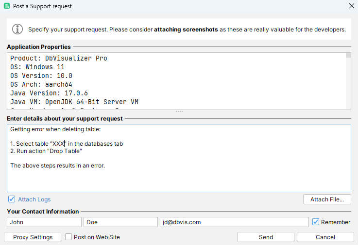 Contact Support in DbVisualizer