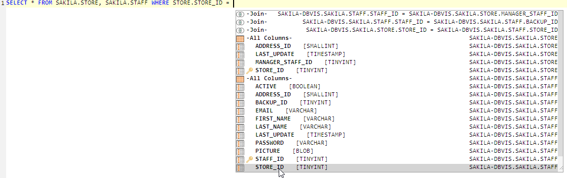 Auto completion for column names