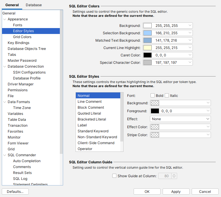 Editor styles in SQL Commander Editor