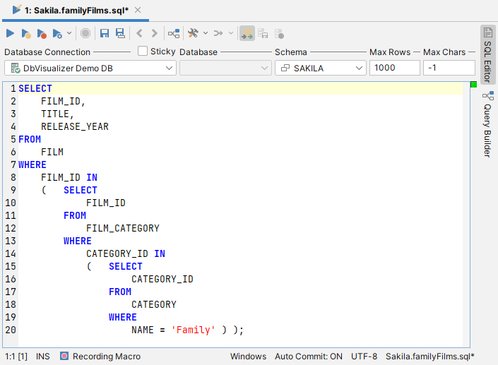 View of SQL Commander Editor