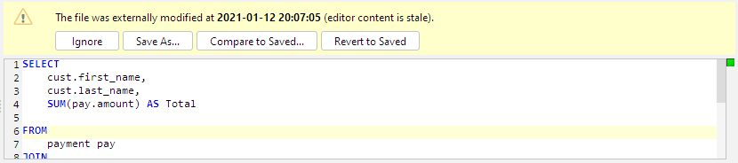 Stale files warning in SQL Commander Editor