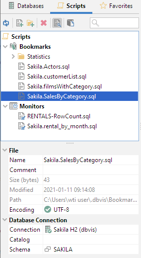 DbVisualizer bookmarks interface screenshot