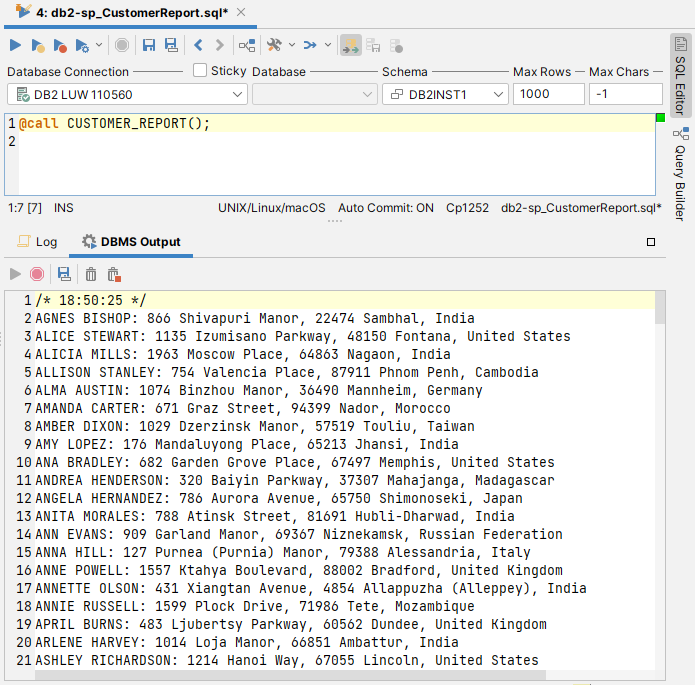 Screenshot of the DBMS Output Tab showing captured messages from stored procedures