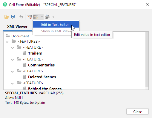 XML viewer interface in DbVisualizer
