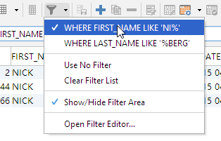 DbVisualizer's Filter menu button illustrations