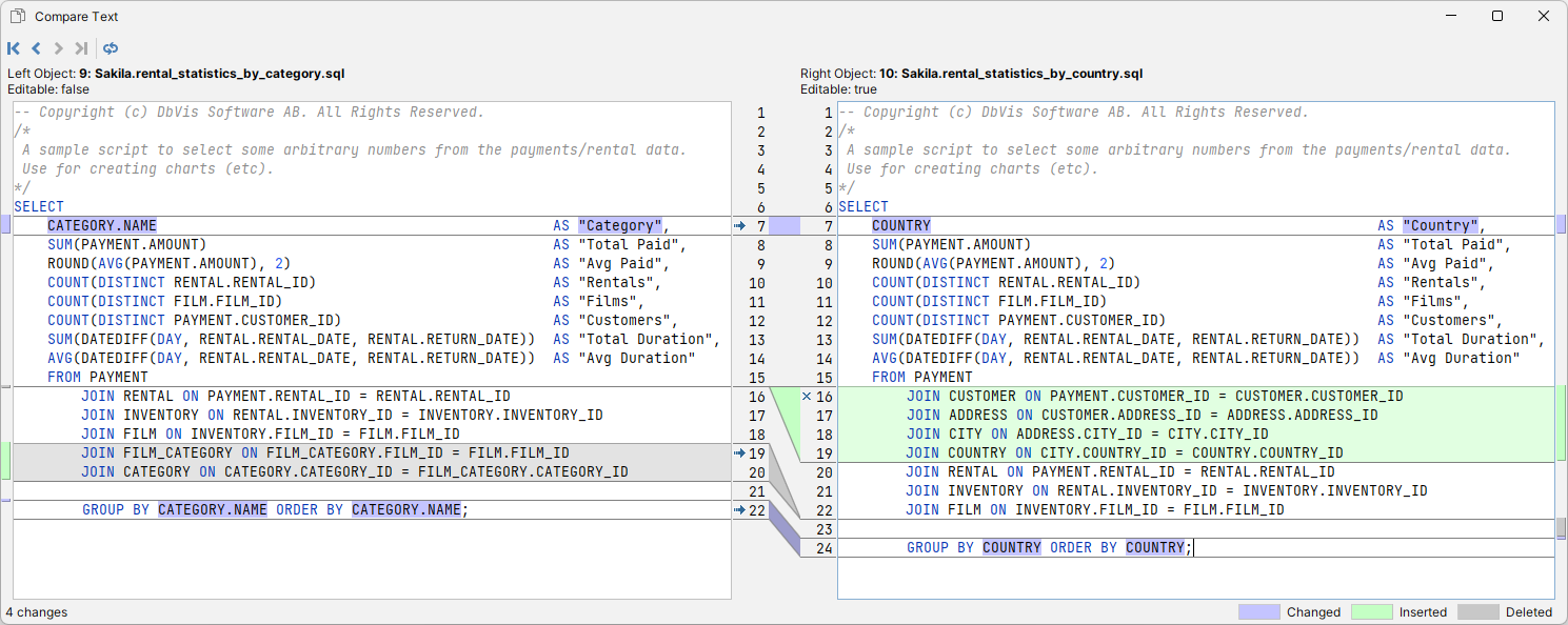 Text data comparison in DbVisualizer