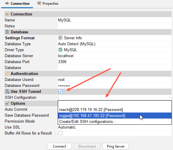 Enabling SSH Tunnel for a database connection