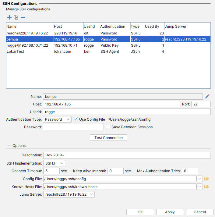 SSH Configurations grid