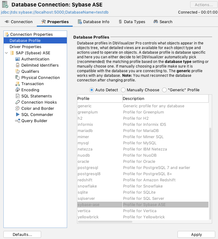 Database Profile list showing all attributes