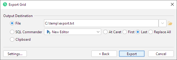 Screenshot of the Output Destination in the Export Wizard