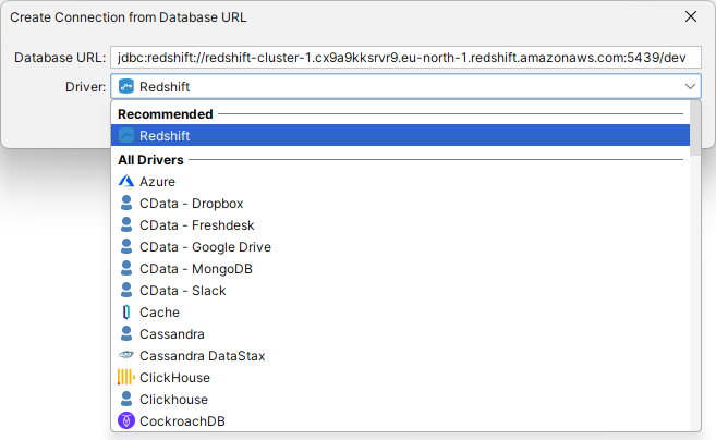 Dialog for editing or pasting JDBC URL