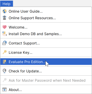 DbVisualizer help Menu