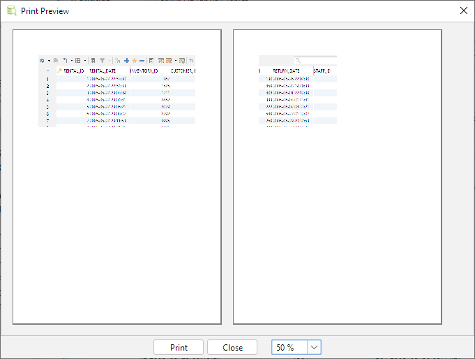 Preview of printing grid in DbVisualizer