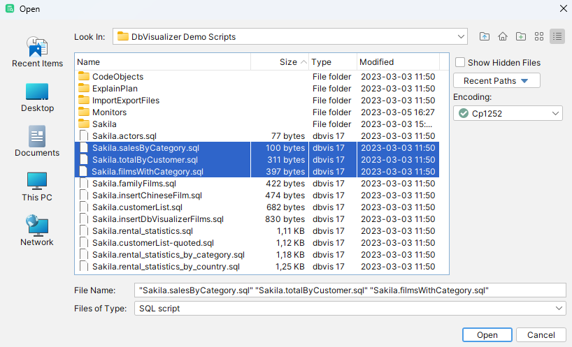 Screenshot of the file chooser window in DbVisualizer