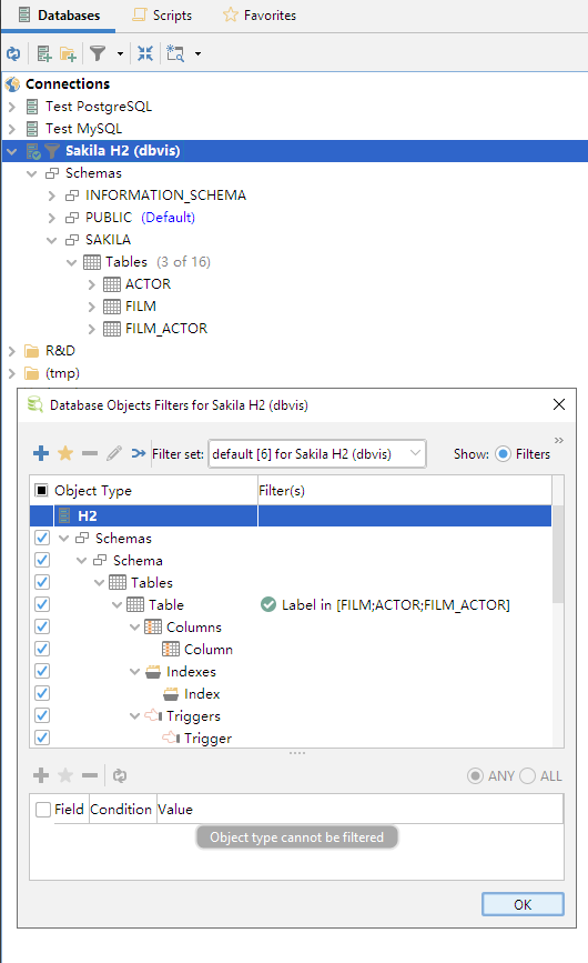 Object types list in DbVisualizer