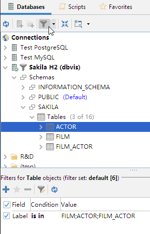 Inline objects filtering in the Databases tab