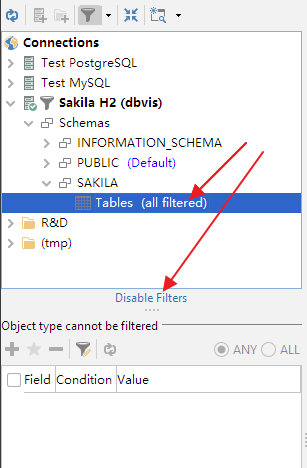Disabling filters in DbVisualizer