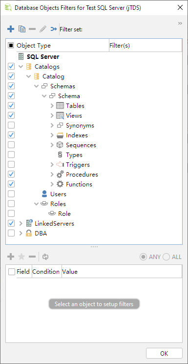 Database tree before and after setting visibility