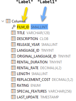 Example of object label for a column object type