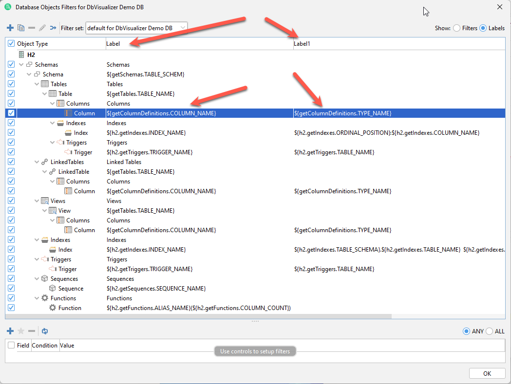 Modifying labels in the Filter Editor