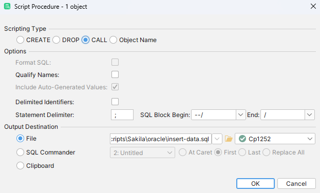 Screenshot of the Script Object dialog for a Procedure