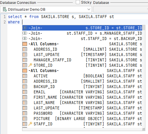 Screenshot showing auto completion for column names in SQL editor
