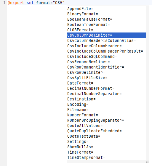 Screenshot showing auto completion for @export set command in SQL editor