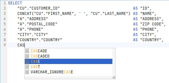 Screenshot of auto completion list showing keywords in SQL editor