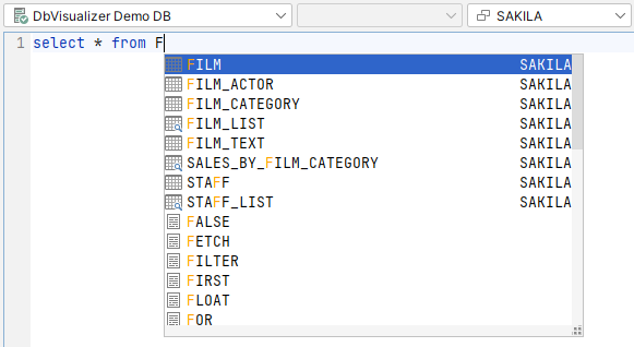 Screenshot of auto completion list showing tables and views in SQL editor