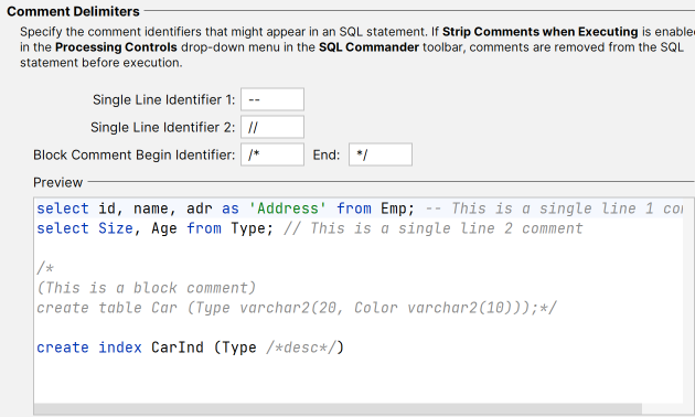 Screenshot of comment settings in SQL Commander editor