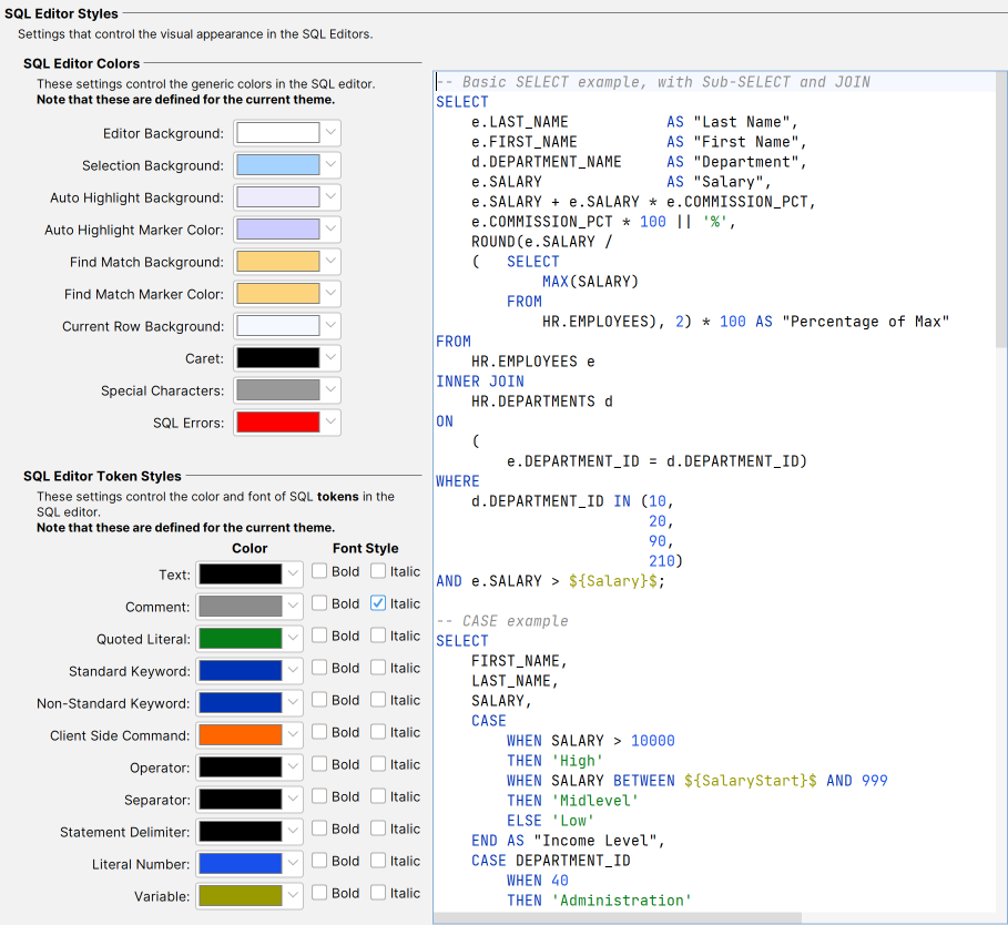 Screenshot of SQL editor styles settings