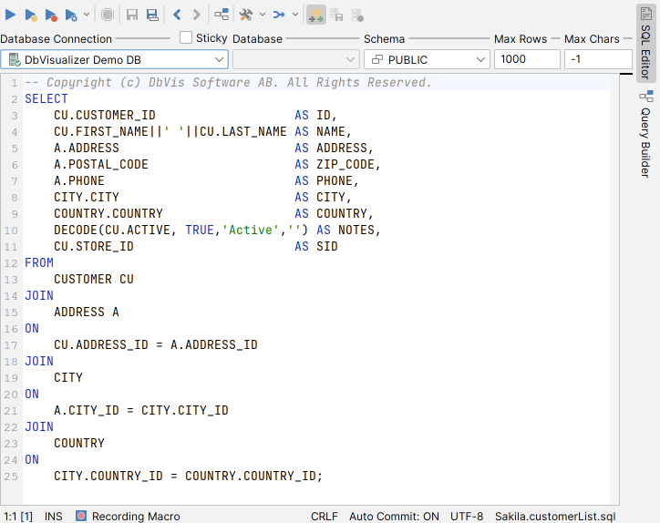 Screenshot of the SQL Commander editor interface