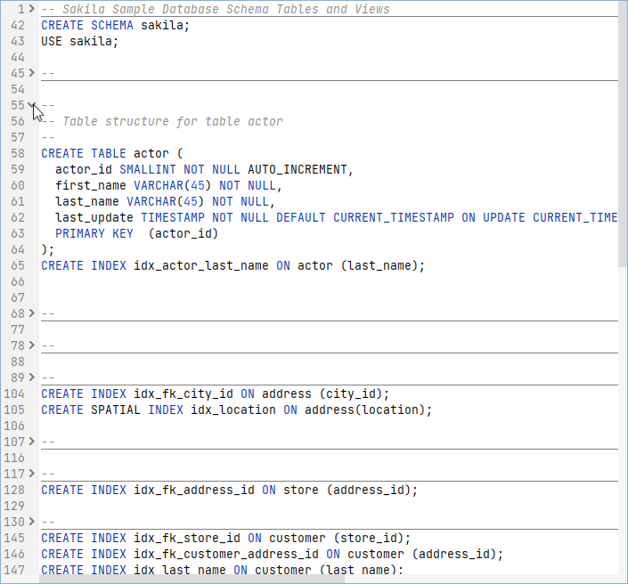Screenshot of a folded script in SQL editor