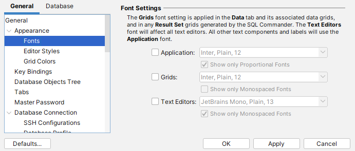 Screenshot of font settings in SQL Commander editor
