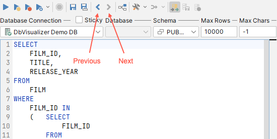 Screenshot showing how to navigate between highlighted matches in SQL editor