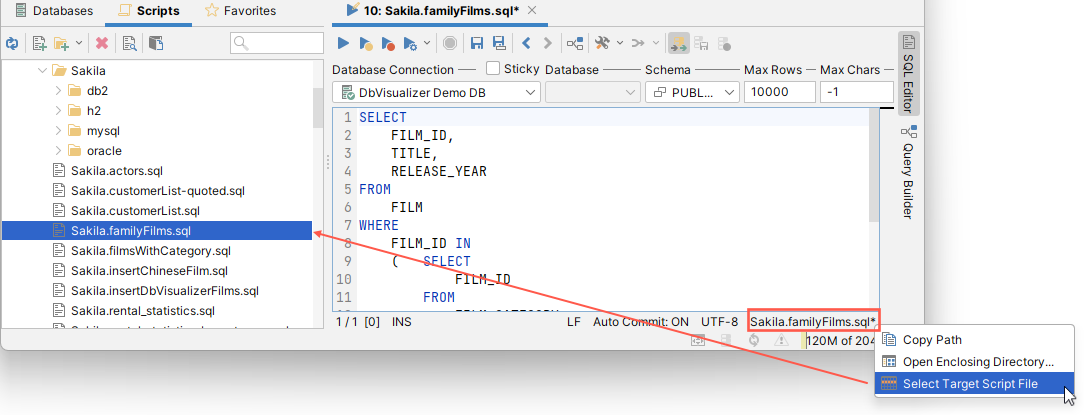 Screenshot highlighting how to navigate to script location in SQL editor