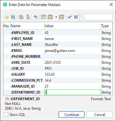 Prompt window showing named parameter markers