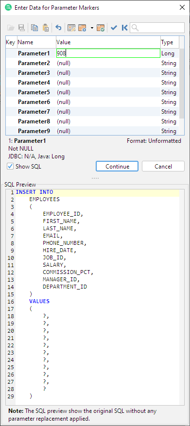 Prompt window showing unnamed parameter markers