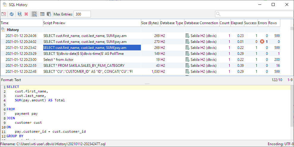 Screenshot of the SQL History interface