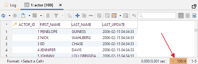 Grid status bar showing row/column limit warnings in DbVisualizer