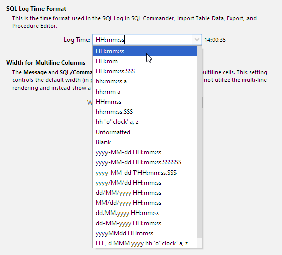 Screenshot of Time column configurations in Tools in DbVisualizer