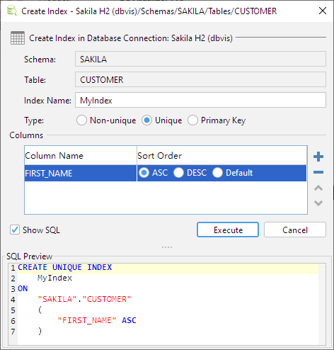 Example of Create Index dialog
