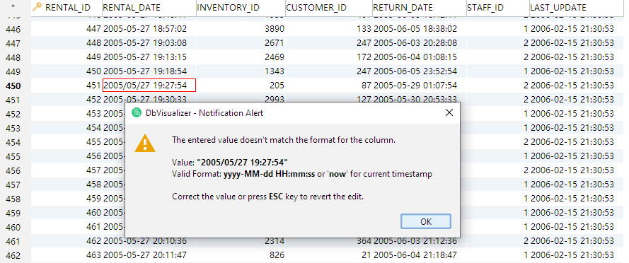 Dialog for data type error