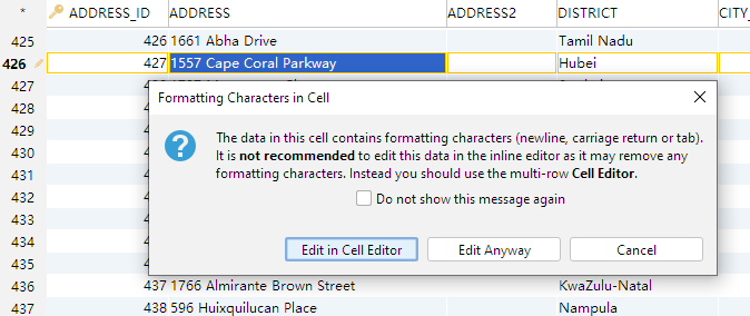 Warning when trying to edit control characters