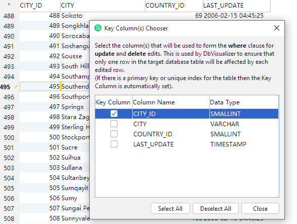 Key column chooser interface
