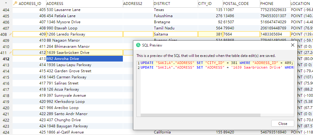 Example of SQL preview