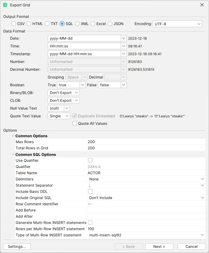 Export Table Window Example