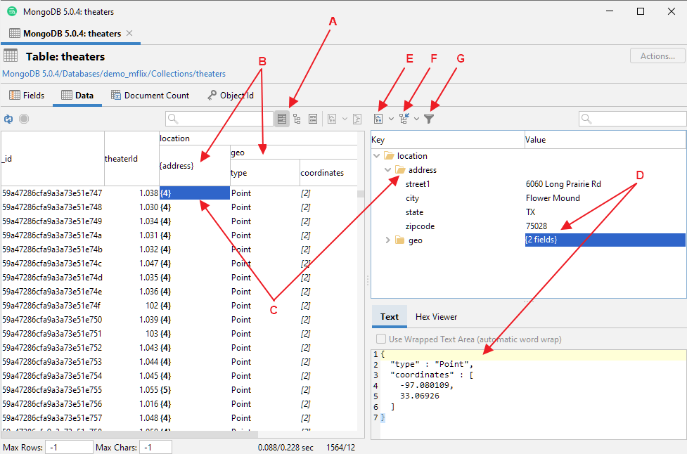 Screen capture of nested view in structured data viewer