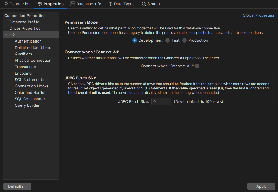 Connection Properties in DbVisualizer interface